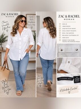 Zac & Rachel Woman White Utility Button-Down Shirt Plus Size
